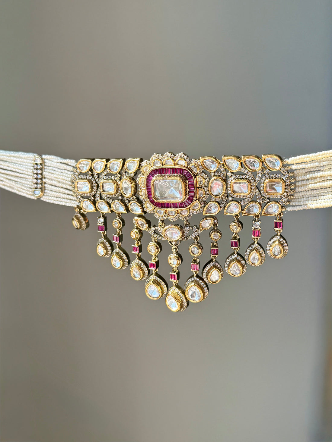 22k Gold Plated Moissanite Polki Choker Set with Tikka, Premium Quality