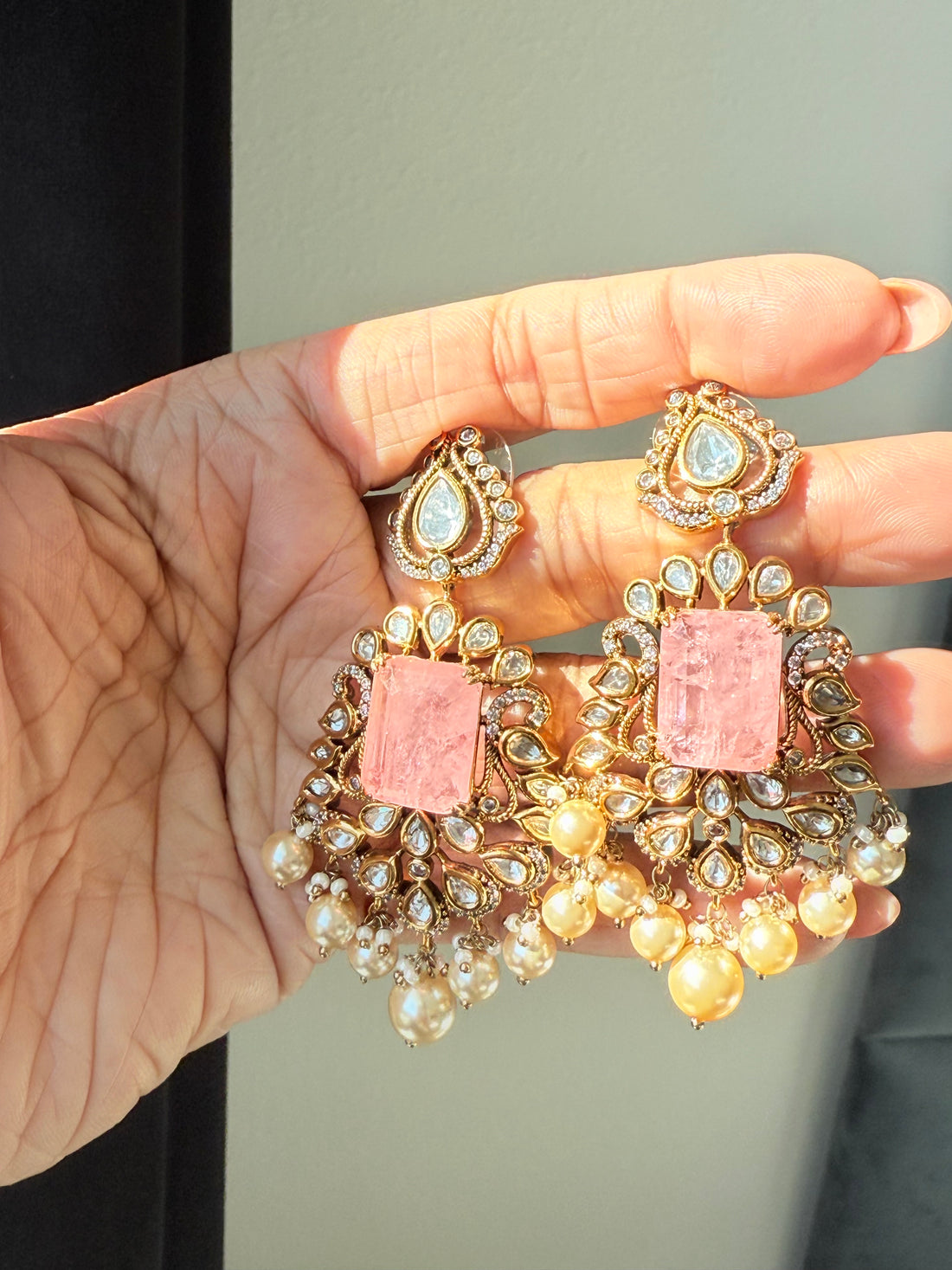 22k Gold Plated Premium Moissanite & Doublet Stone Statement Earrings w Ivory Pearl Beads