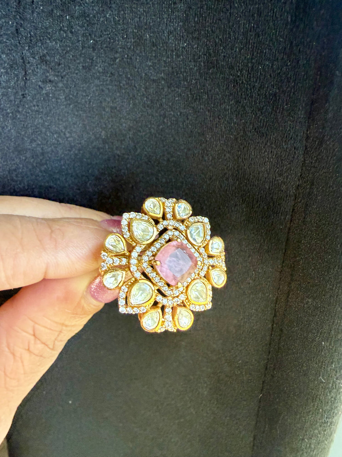 22k Gold Plated Baby Pink Doublet & Moissanite Polki Ring, ADJUSTABLE