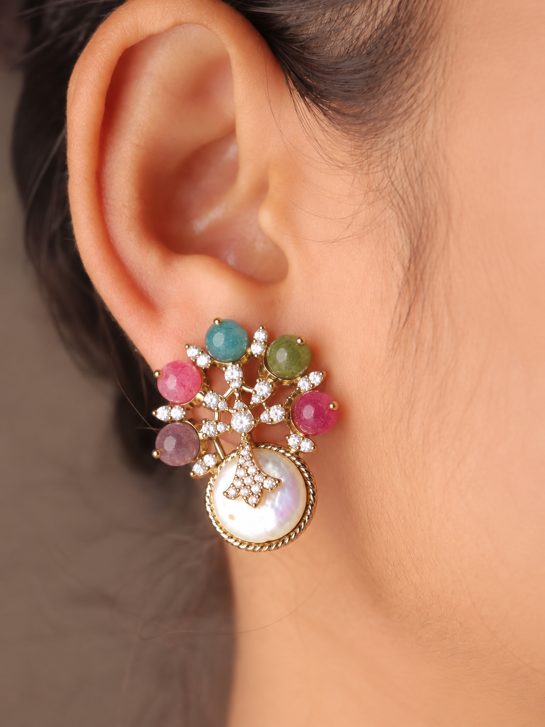 Real Baroque Pearl Studs w Semi Precious Natural Stones Beads
