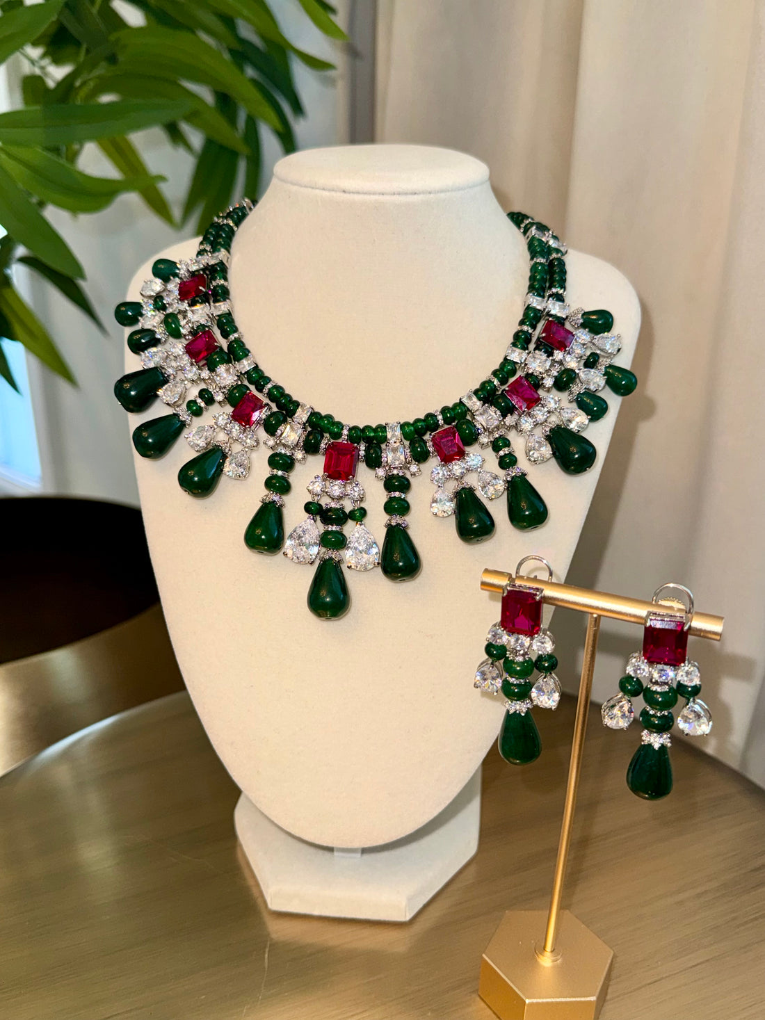 Green Onyx & Hydro Ruby Statement Necklace Set w AAA Korean Crystal