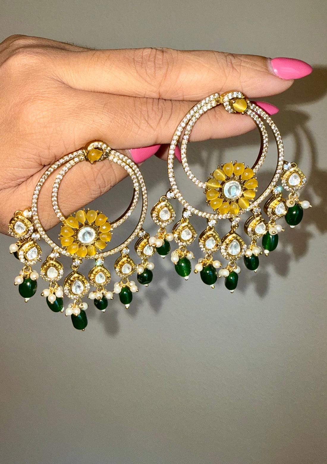 Aruba Chandbali w Moissanite Polki & Natural Semi Precious Stone Beads
