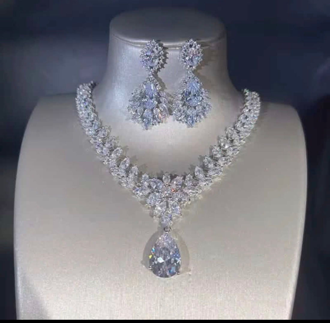 Sleek Crystal Floral Statement Necklace Set, Sterling Silver