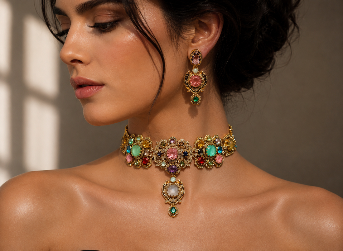 Heera Choker set, Semi Precious Stones, 15k Gold plated Premium Quality