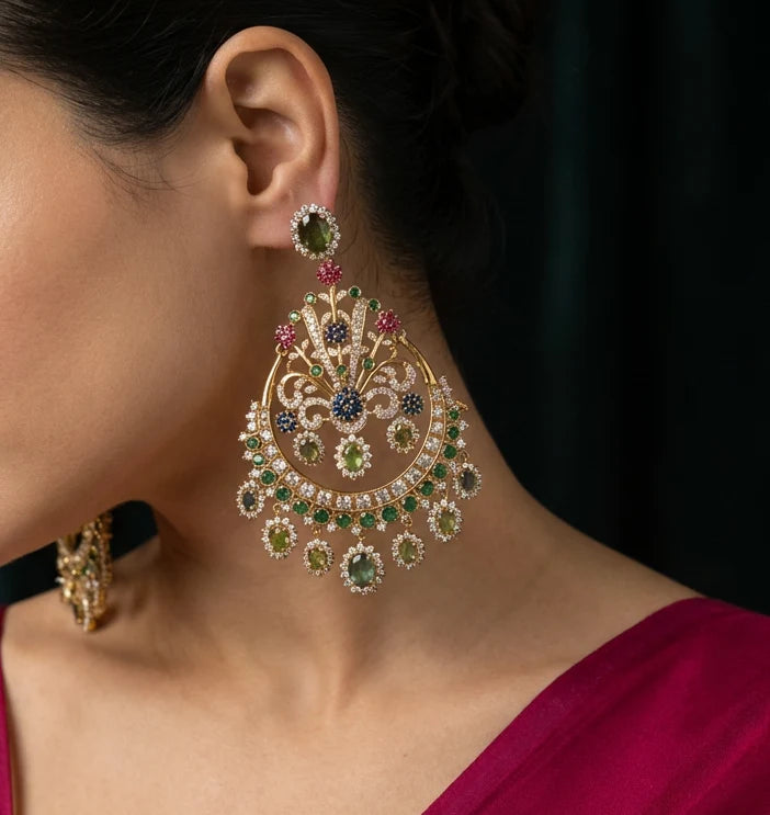 Large Sabyasachi Inspired Chandbali Earrings w Crystal Stones