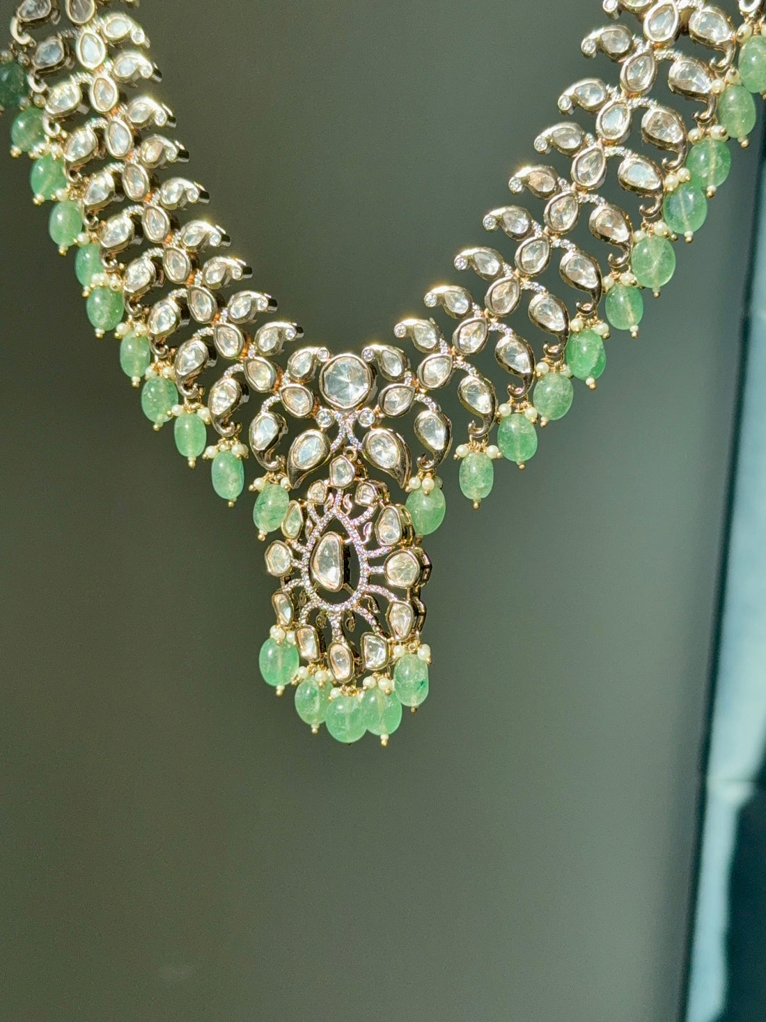 22k Gold Plated Uncut Polki Set w Tikka & Semi Precious Stone Beads