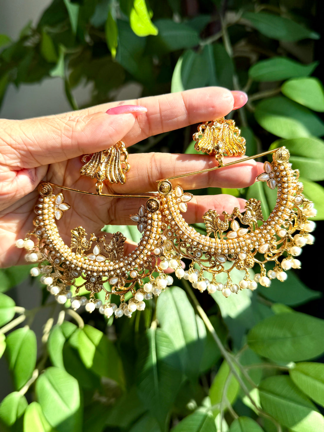 Gold Chandbali Statement Earrings with Ivory Pearl Beads
