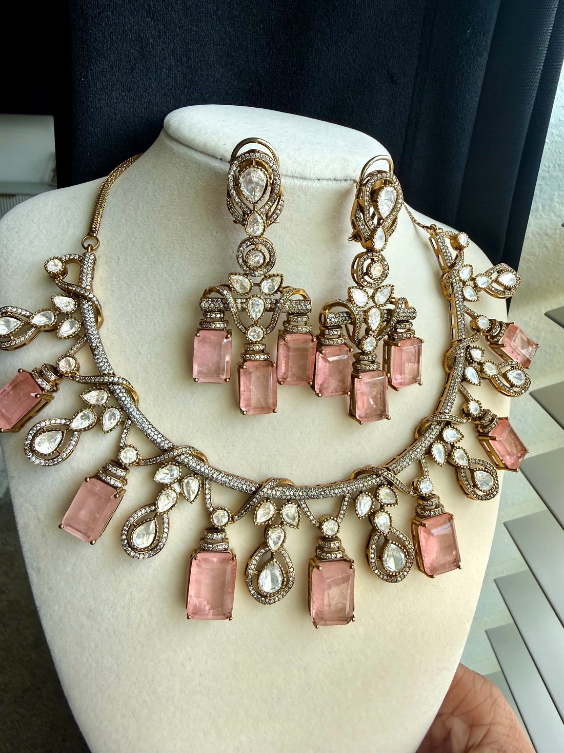 Blush Pink Doublet Stone Necklace Set w Polki