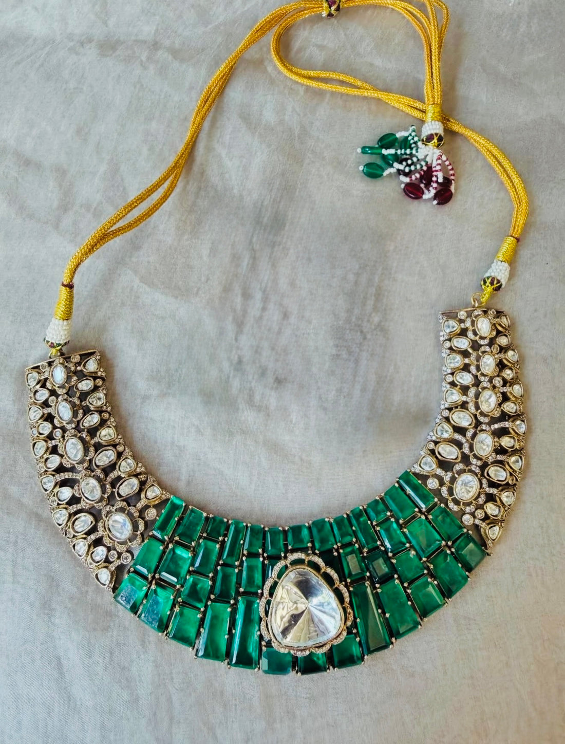 Emerald Green Doublet & Moissanite Polki Statement Necklace (No Earring)