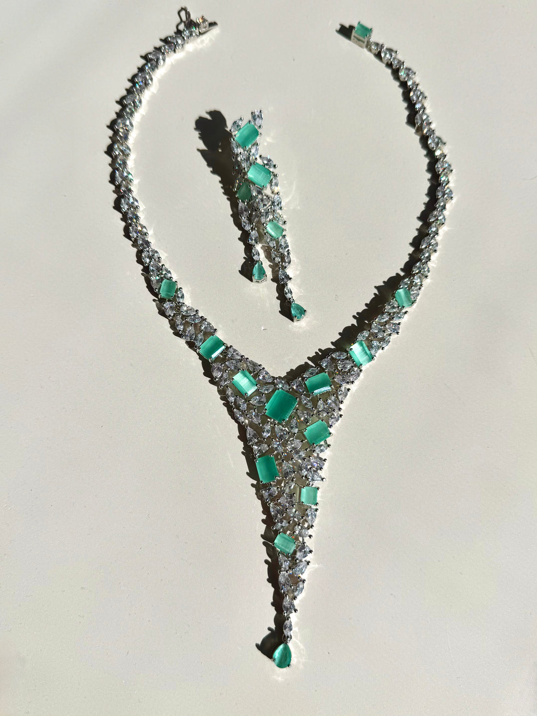 Cubic Zirconia Crystal Y Shape Necklace Set w Earrings, Premium Quality