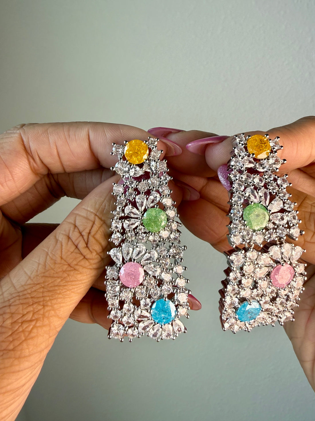 Milky Stone Statement Earrings w Floral Detailing