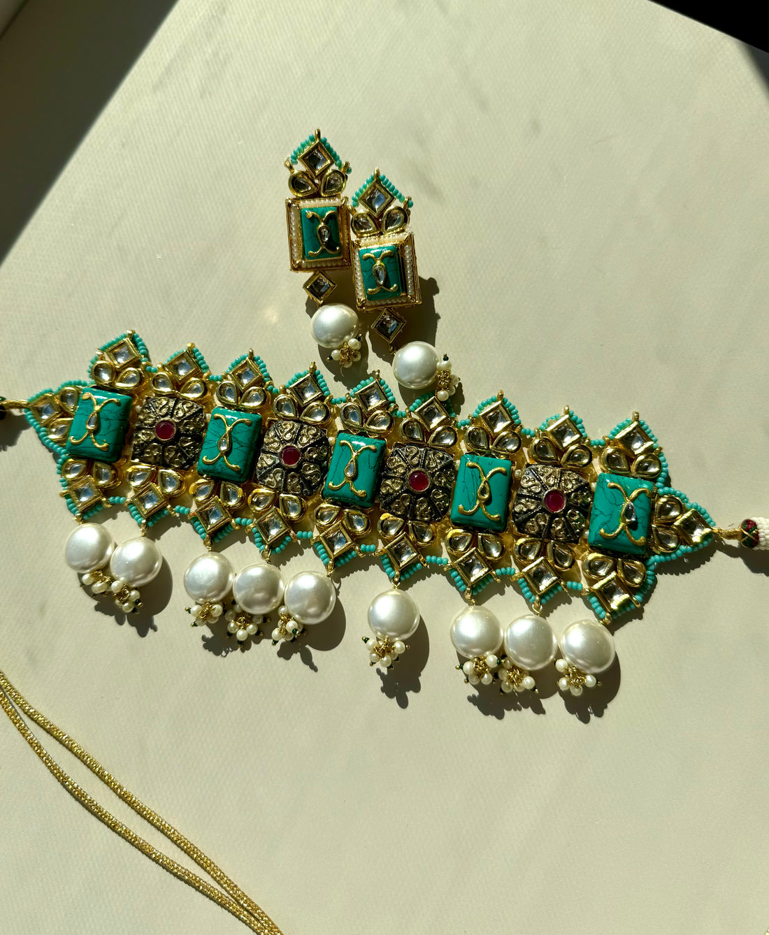Turquoise Stone Handmade Indian Fusion Arampali Chunky Choker Set, Pearl Beads