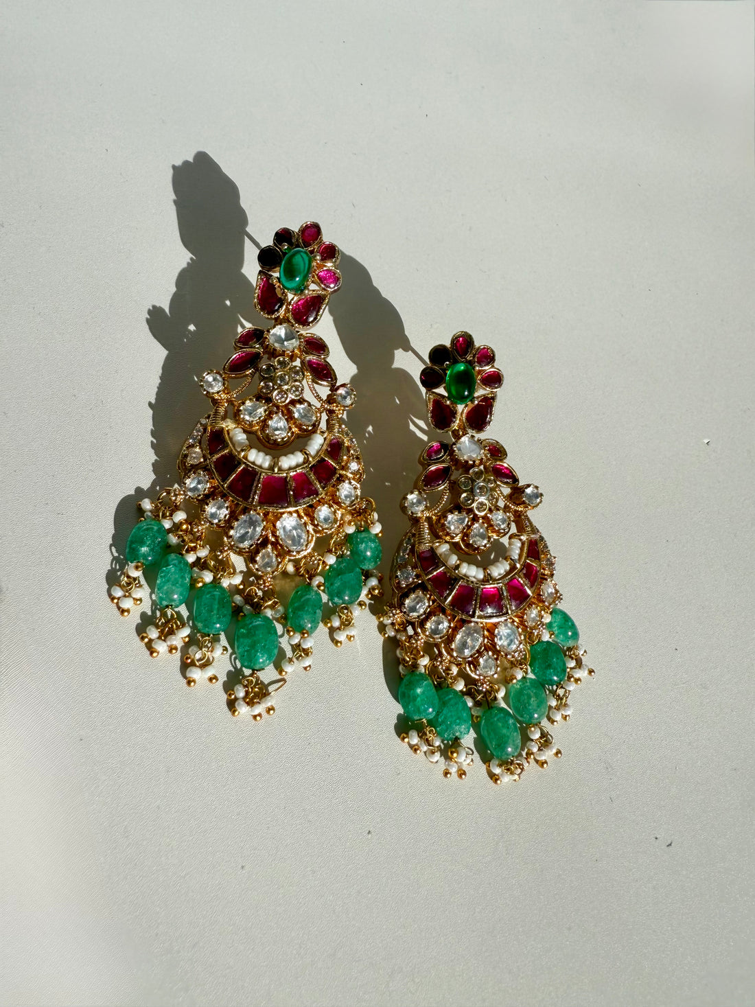 22k Gold Plated Jadau Earrings w Semi Precious Stone Beads