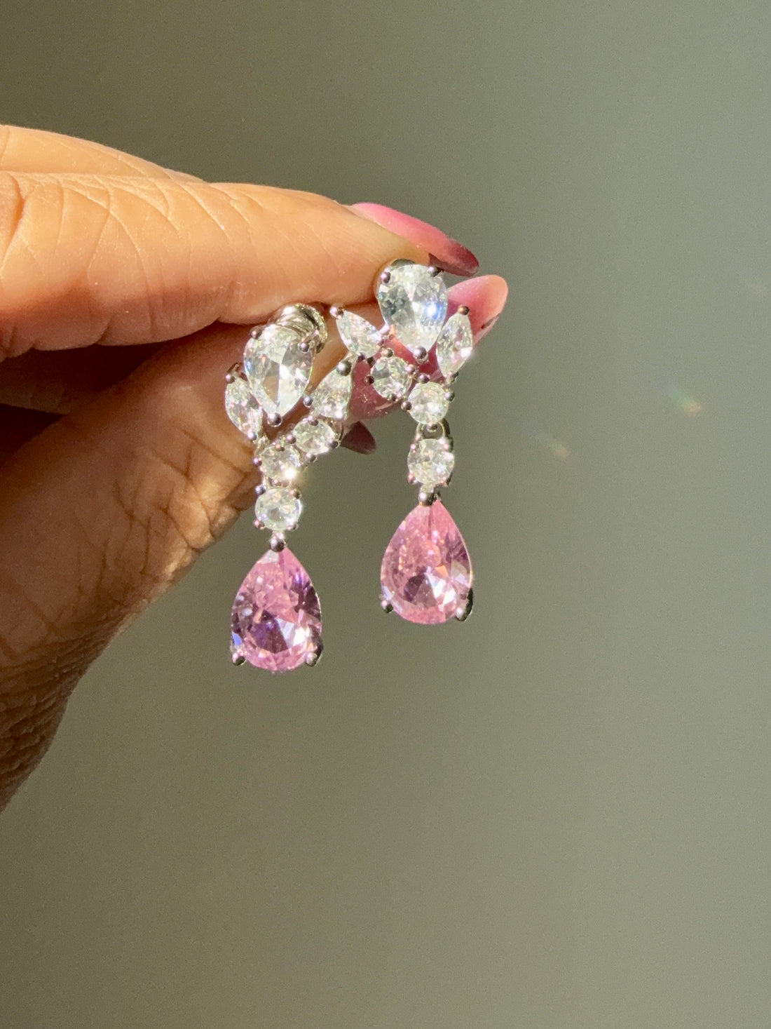 Rosy Pink Teardrop CZ Statement Necklace Set w 10K White Gold Plating