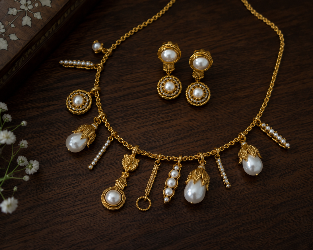 Sabyasachi Inspired Heritage Tiger Charm Necklace Set with Pearls