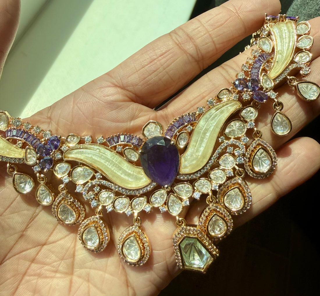 Mother Of Pearl & Tyaani Kundan Necklace Set w Plum Purple Stones