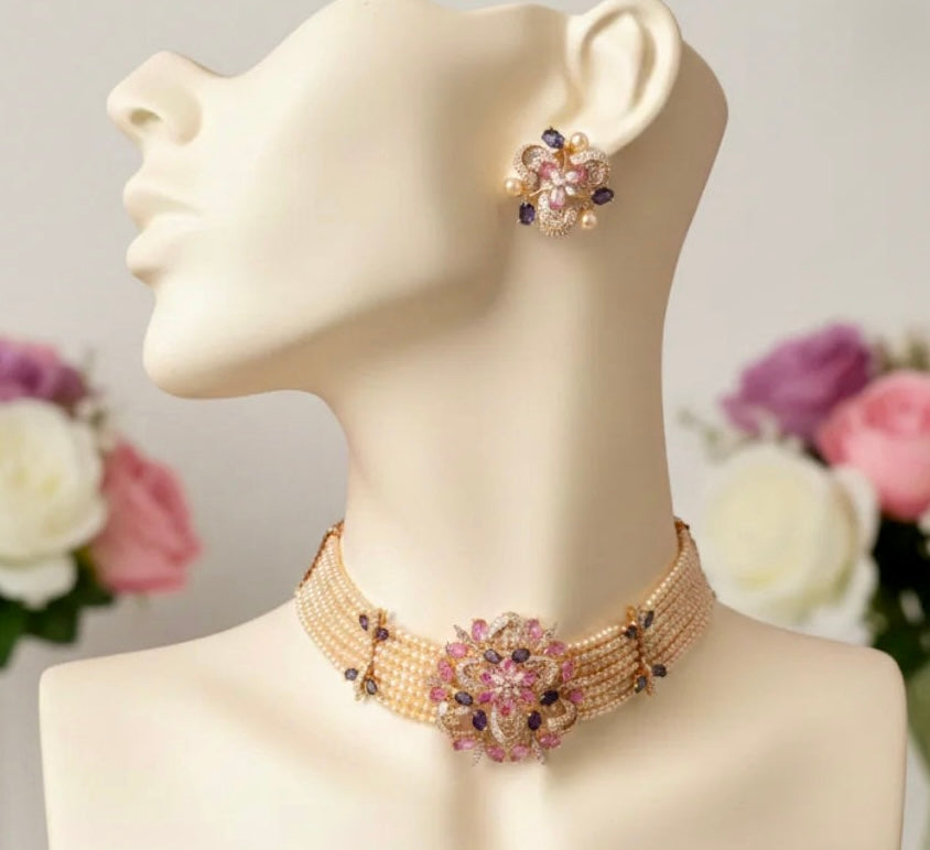 18k Gold Plated, Enchanted Crystal & Ivory Pearl Choker Set