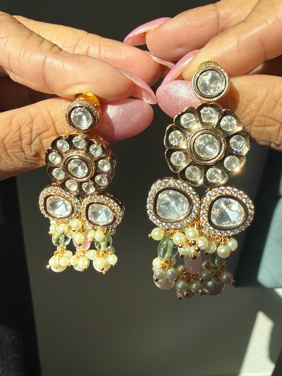 22k Gold Plated Sunheri Kundan & Polki Maala Set w Semi Precious Stone Beads