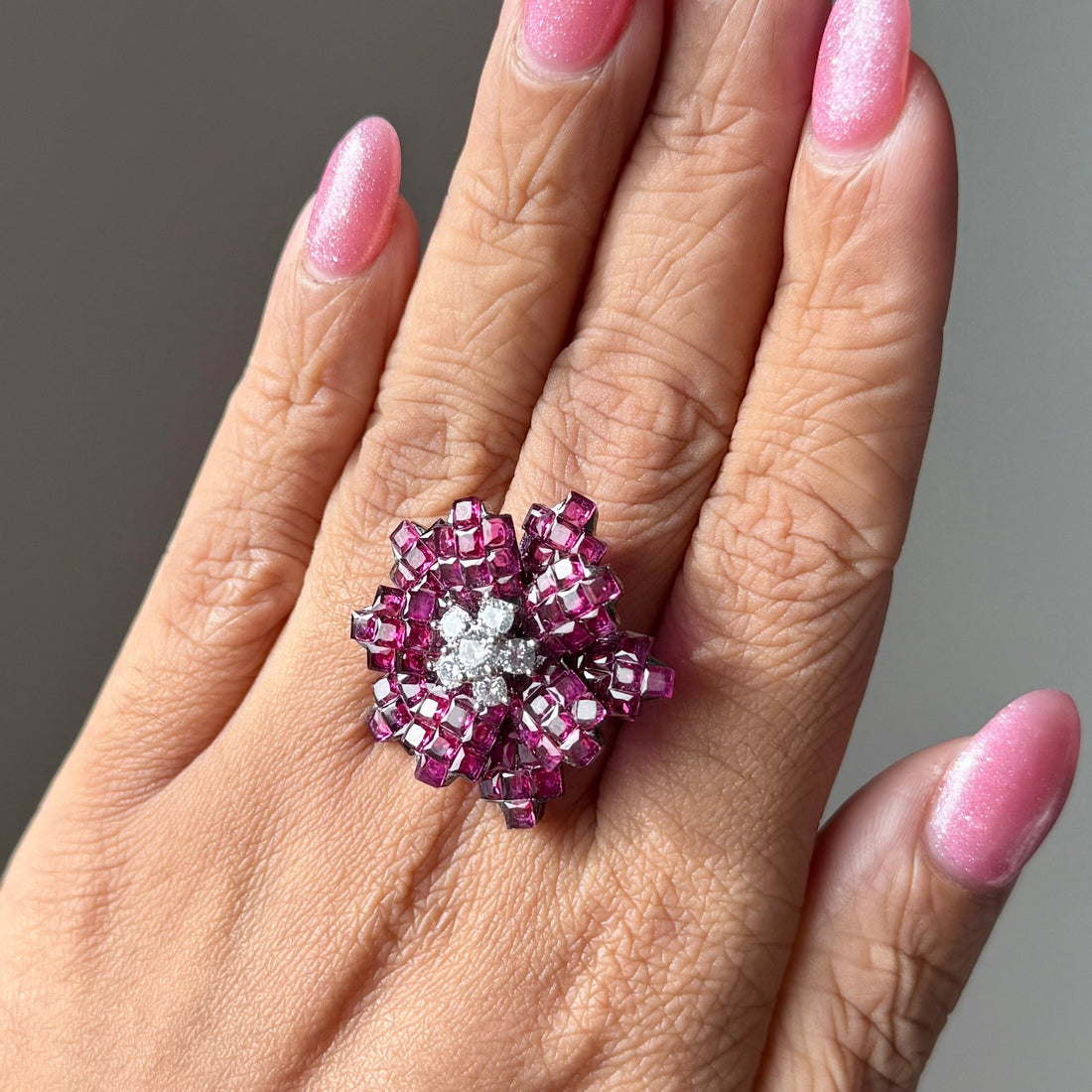 Rose Cut Crystal Flower Ring, Adjustable