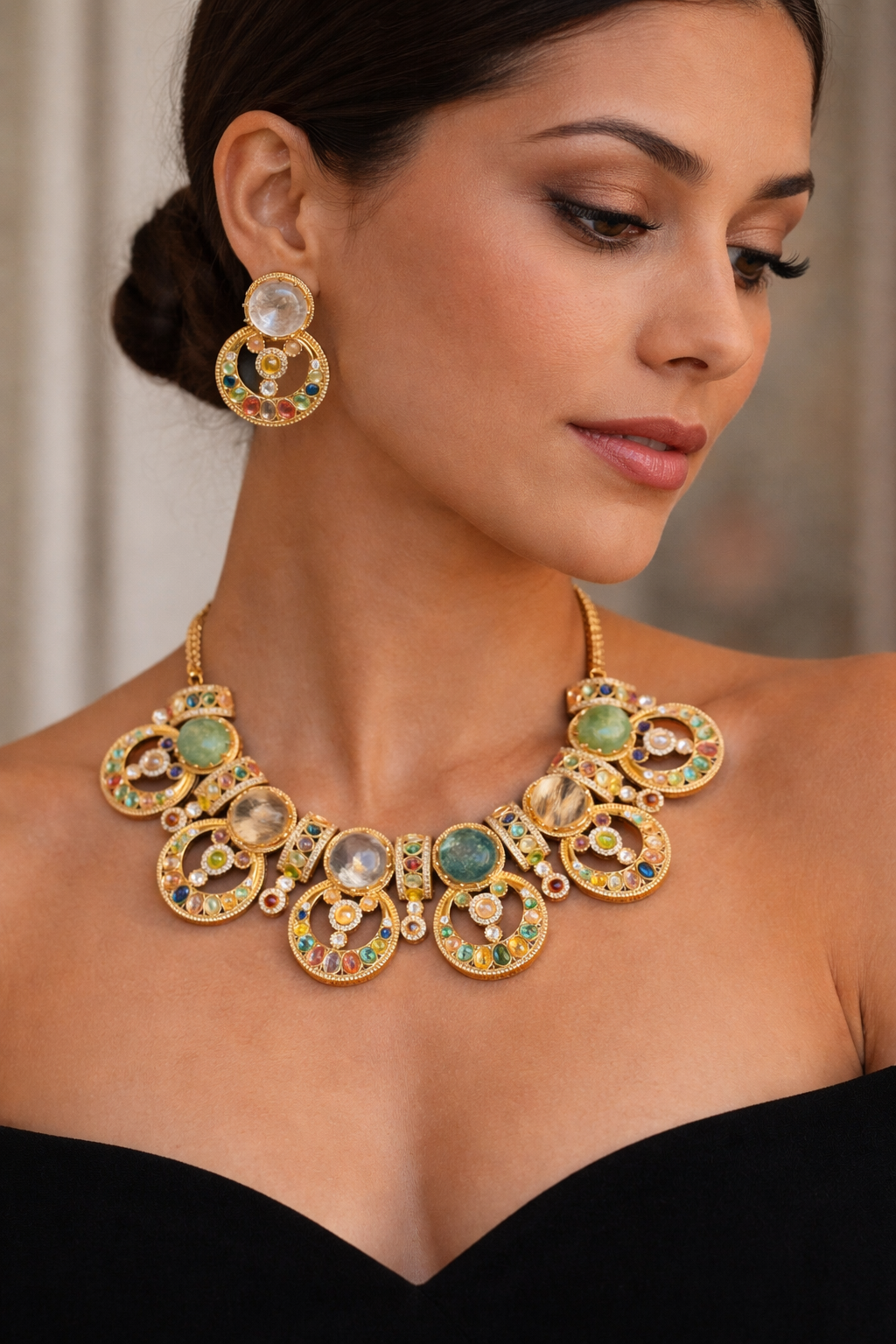 Semi Precious Stone Statement Necklace Set In Forrest Green & Gold