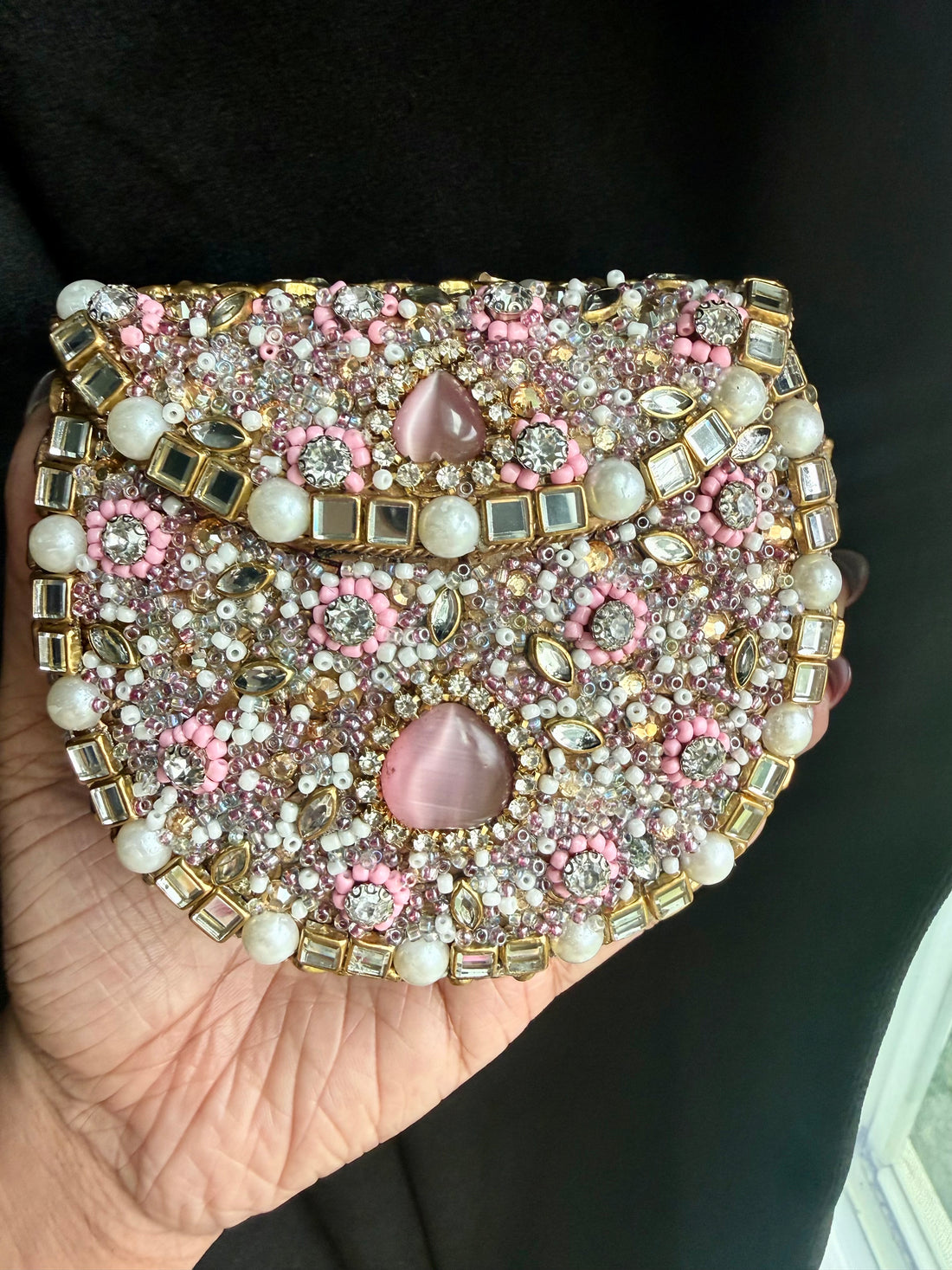 Pink Pearl & Crystal Kundan Embellished Clutch