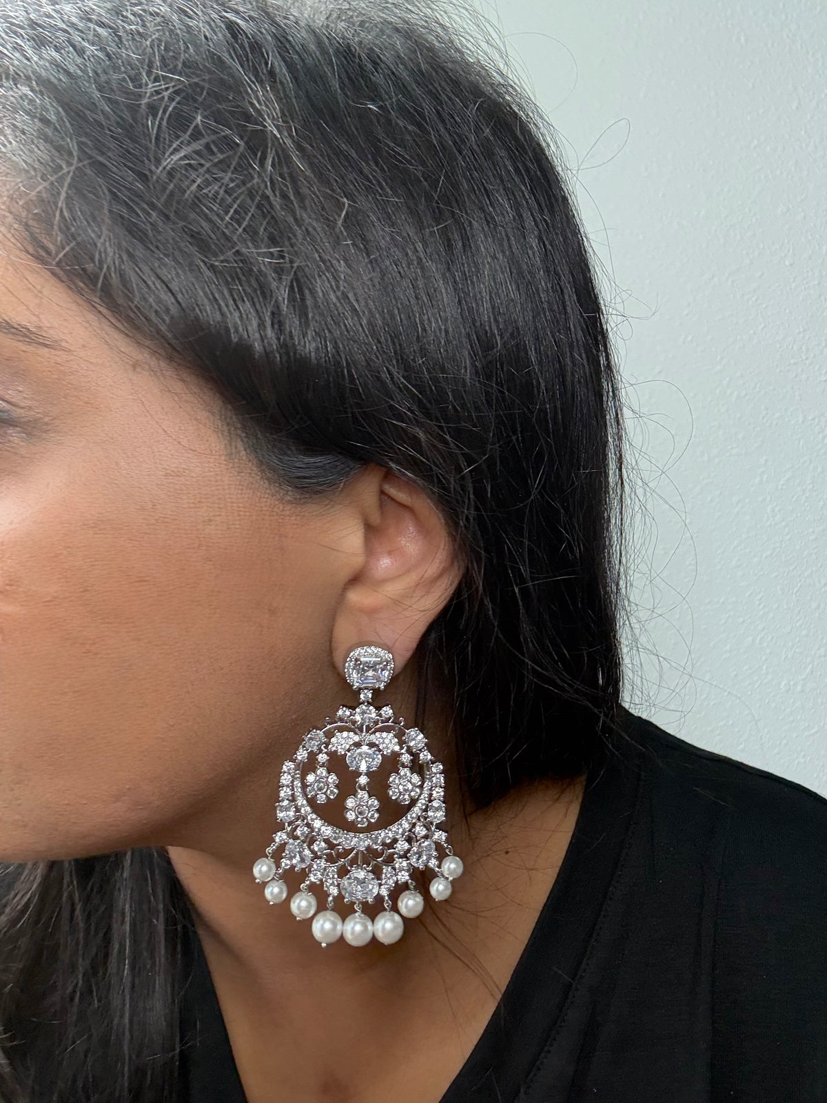 Cubic Zirconia Pearl Chandbali Earrings - Rangreza Accessories