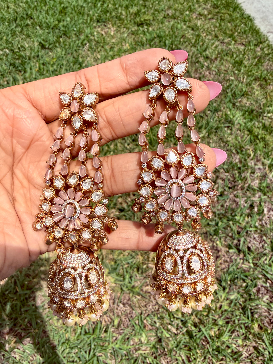 Tyaani Kundan Long Jhumki with Pota Doublet Stone