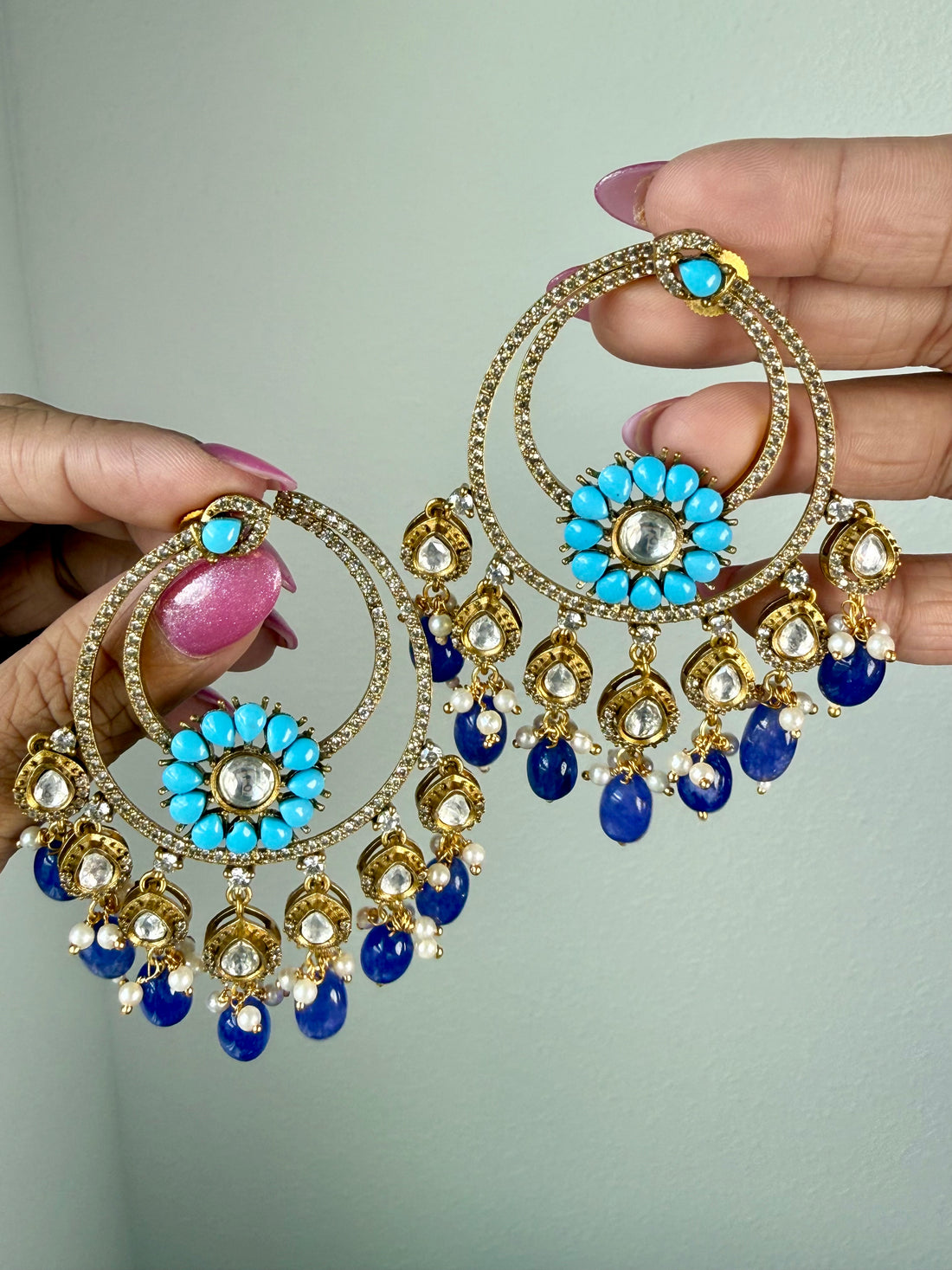 Aruba Chandbali w Moissanite Polki & Natural Semi Precious Stone Beads