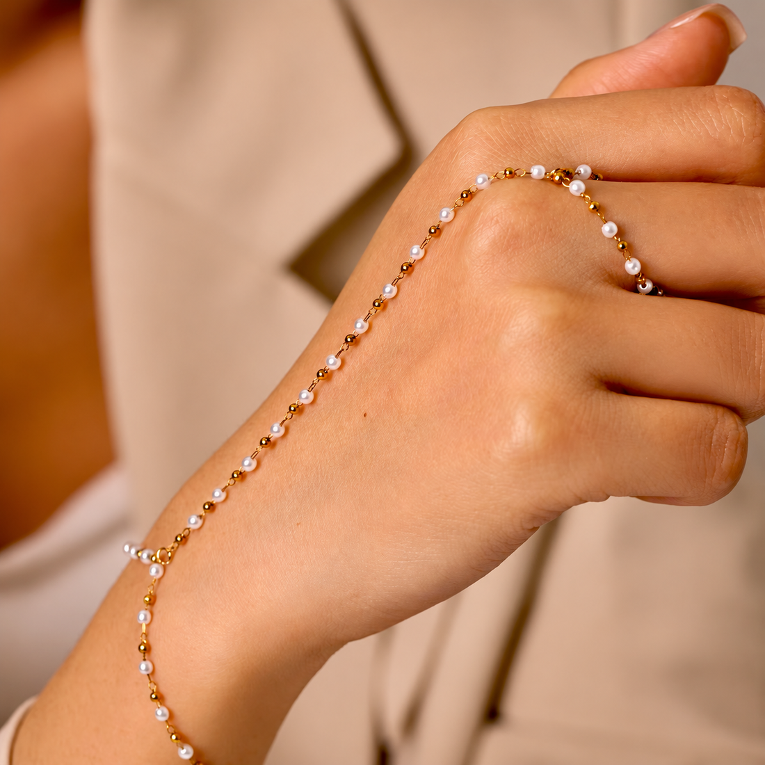 Dotted Pearl, 18k Gold Plated Dainty Hand-chain - Essentials Collection