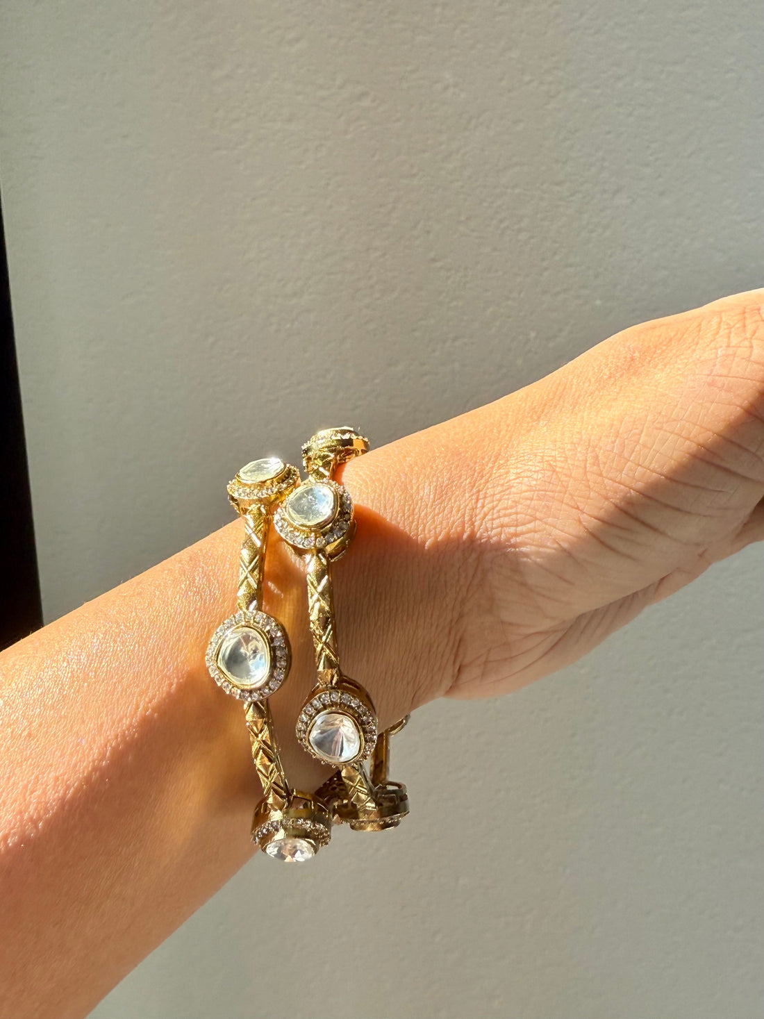 Kashis Antique Gold Moissanite Polki Bangle Set (2.4/2.6 Size)