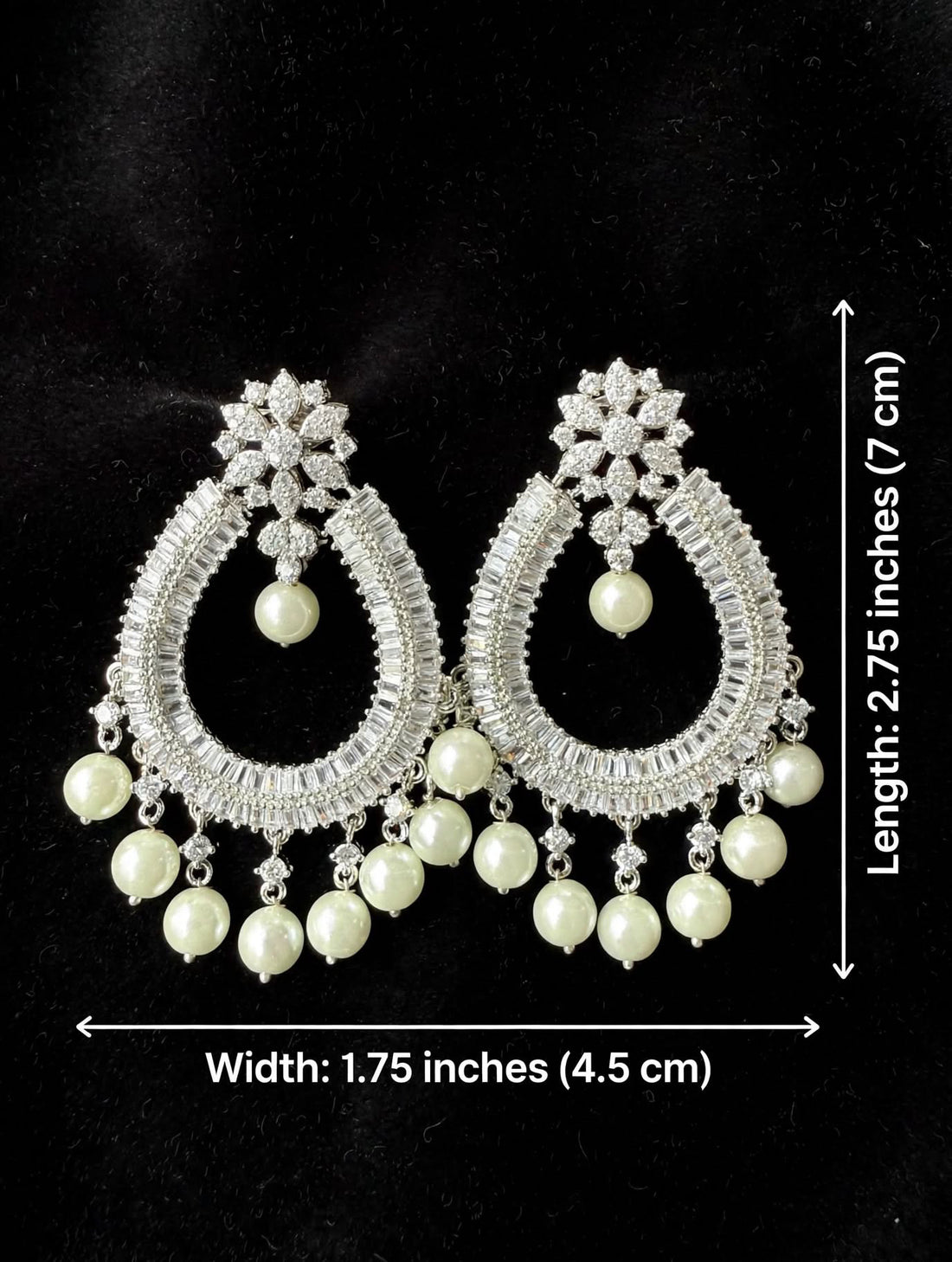 Cubic zirconia Baguette Setting Statement Earrings w Ivory Pearl  Beads