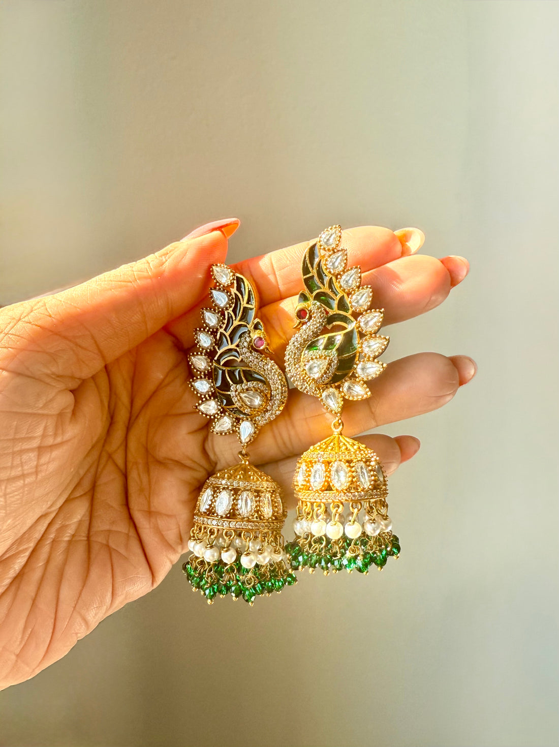 Peacock Antique Gold Jhumka w Moissanite Stones, Premium Quality