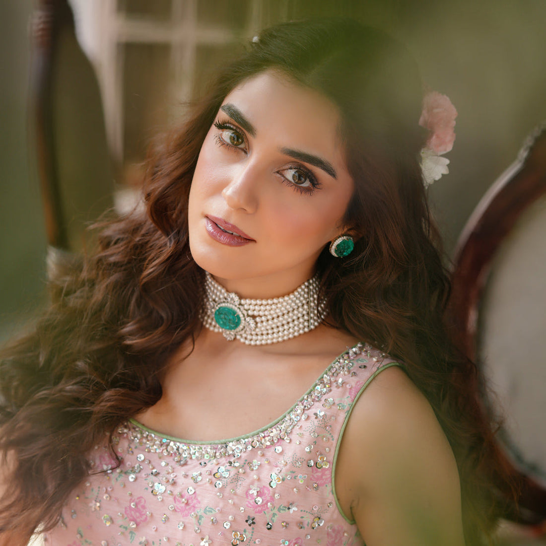 Kareena Doublet Stone Pearl Choker w Studs