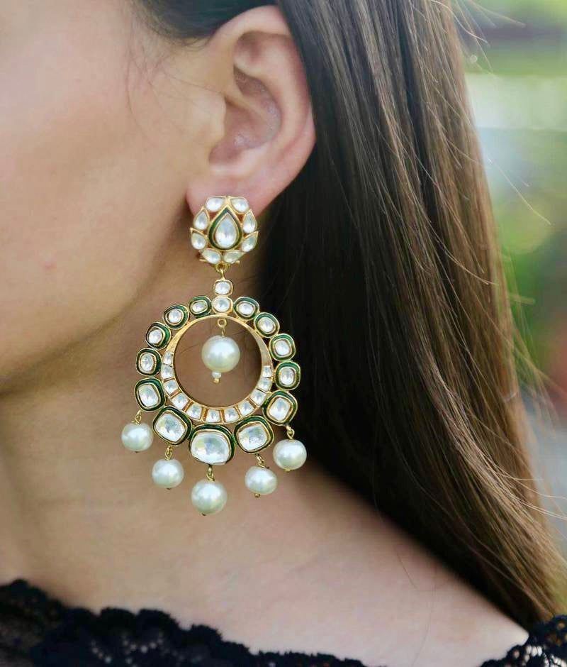18k Gold Plated Kundan Chandbali, Light Weight w Ivory Pearl Beads