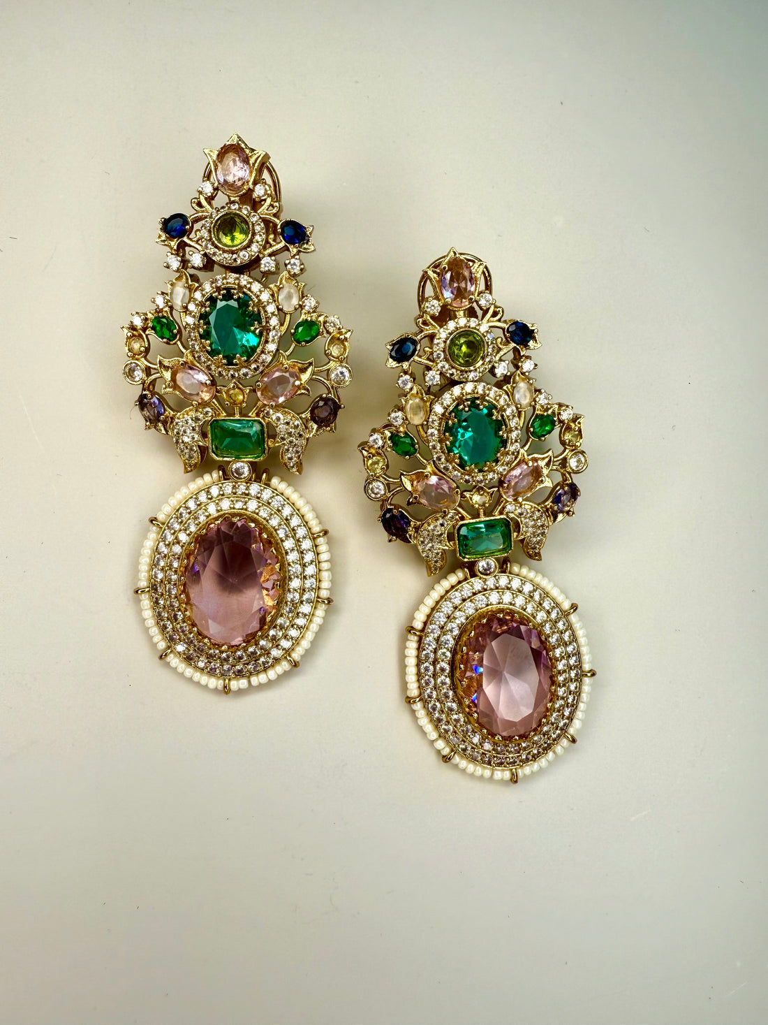 Shabnam Statement Earrings w Crystal Stones & Ivory Pearl Beads