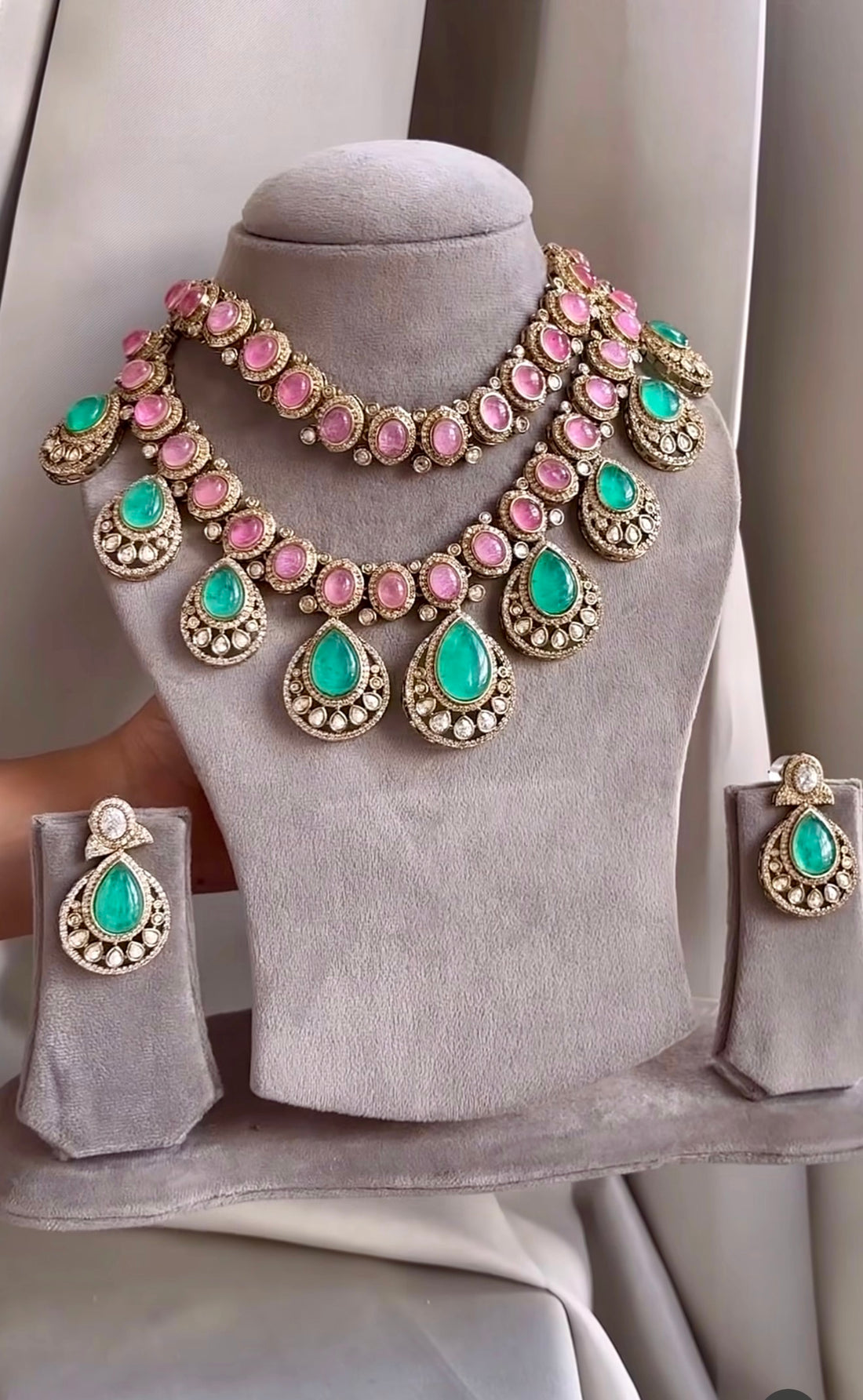 Mint & Pink Doublet Moissanite Bridal Necklace Set