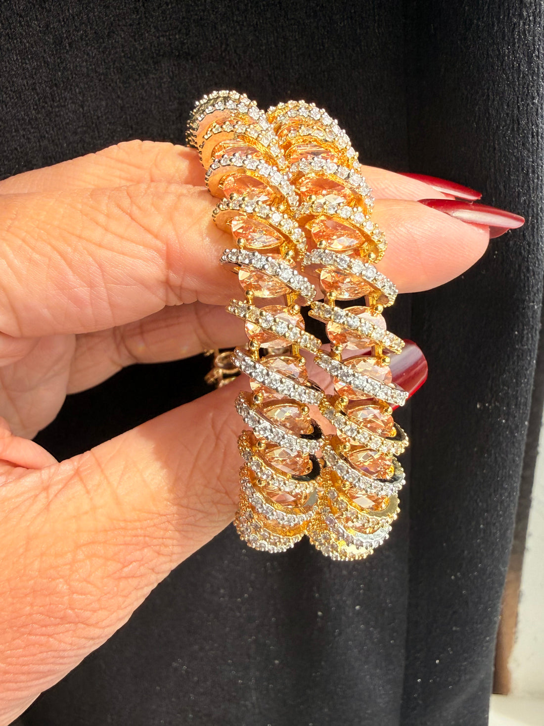 Champagne Crystal Statement Bangle w Cubic Zirconia Detailing & 18k Gold plating