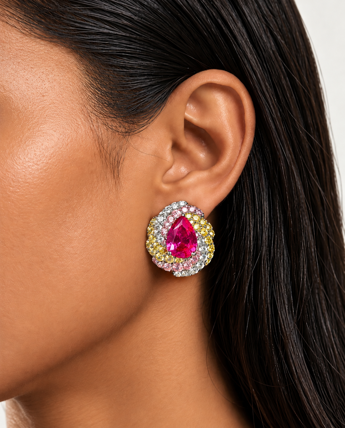 Hot Pink  & Yellow Gemstone Teardrop Studs  with  Silver Base
