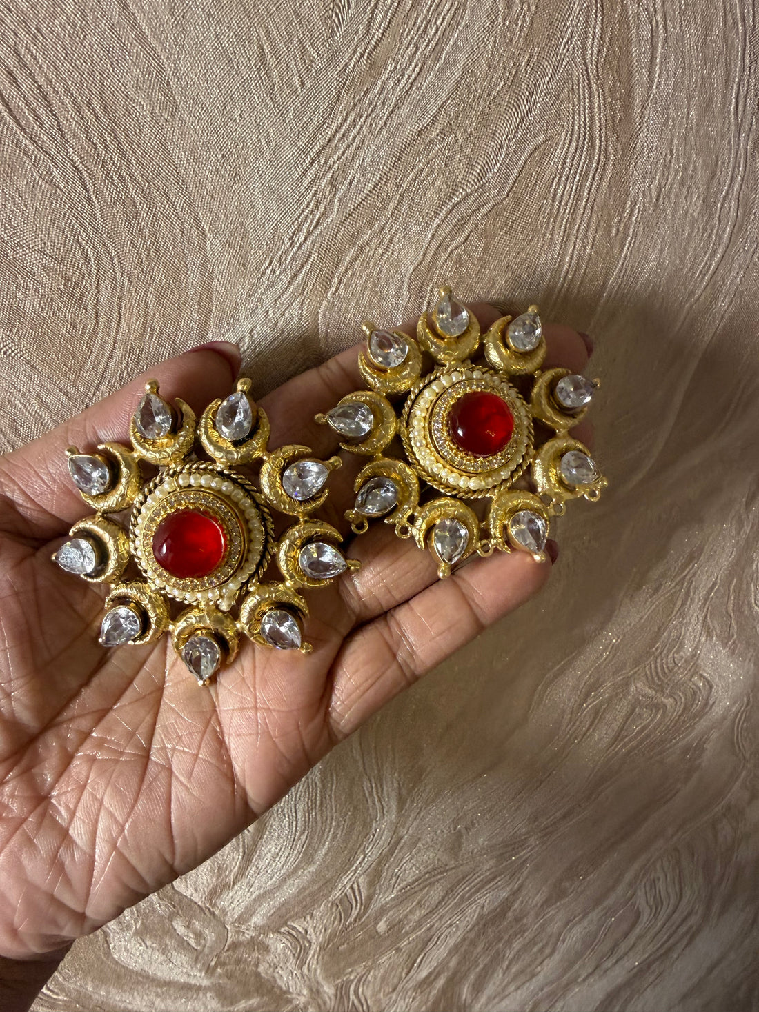 Kashmiri Brass Oversized Stud Polki w Doublet & 18K Gold Plating