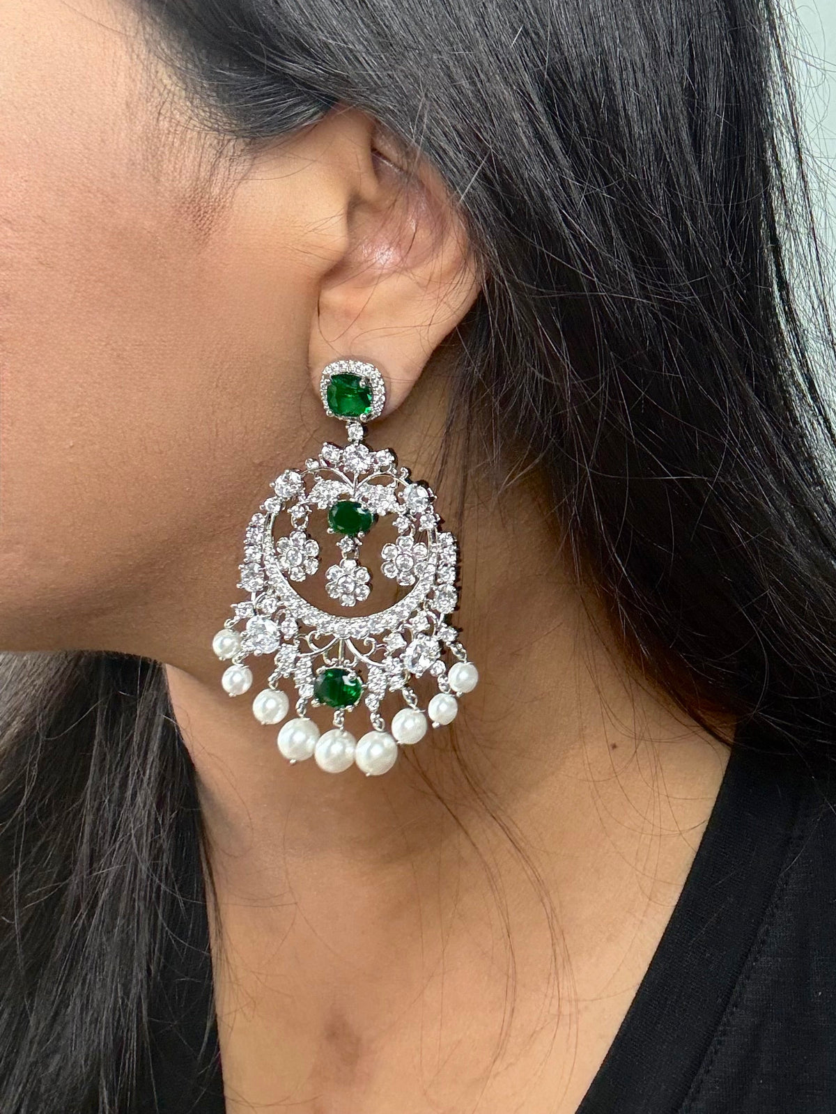 Cubic Zirconia Pearl Chandbali Earrings - Rangreza Accessories