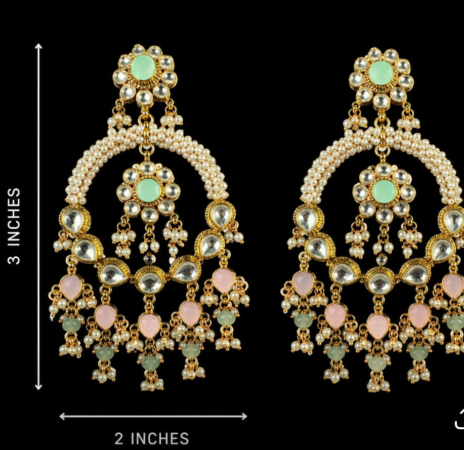22k Gold Plated Pachi Kundan Chandbali, Light Weight Pastel Color w Pirohi Work