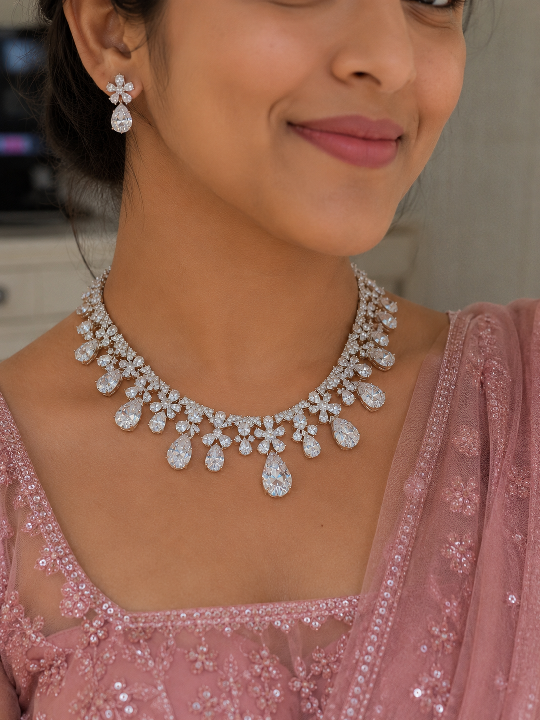 Swarovski Crystal Floral Statement Necklace Set, Sterling Silver