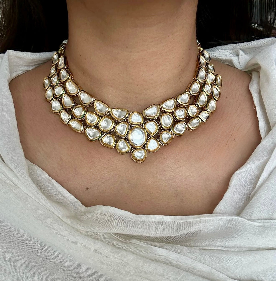 Arshia Kundan Necklace Set w 10k Gold Plating, Premium Quality