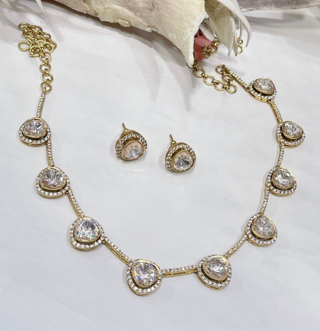 Reena 22k Gold Plated Moissanite Necklace Set w Studs