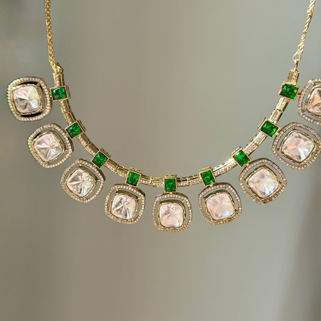 Premium Polki Necklace Set ,Cubic Zirconia & Pota Doublet Stone Work