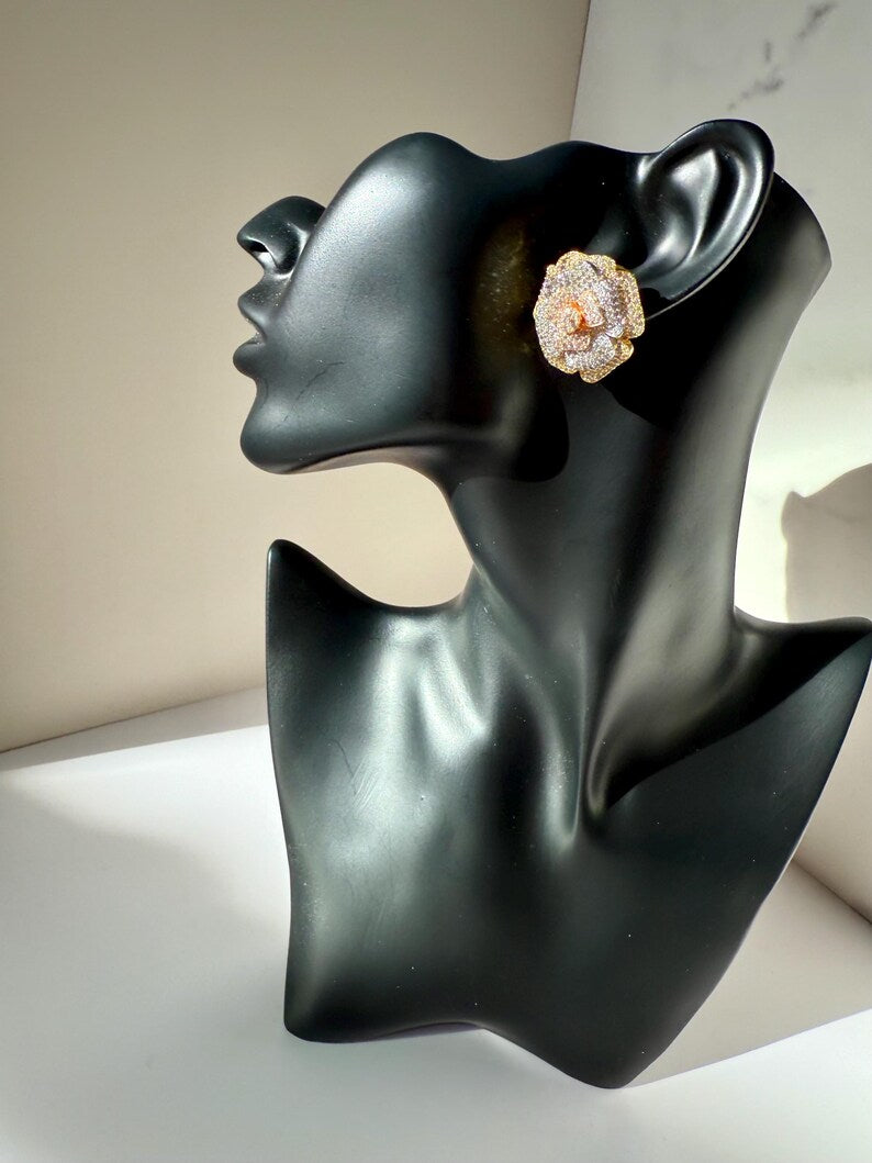 18k Gold Plated Rose Earrings, Cubic Zirconia, Multi Tone Studs