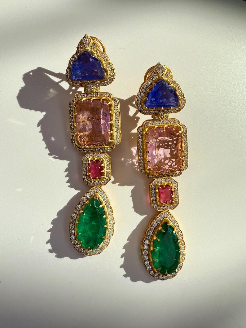 Jade Earrings, 10K Gold Plated, Doublet Stone w Bengali Tiger & Palm Tree Motif