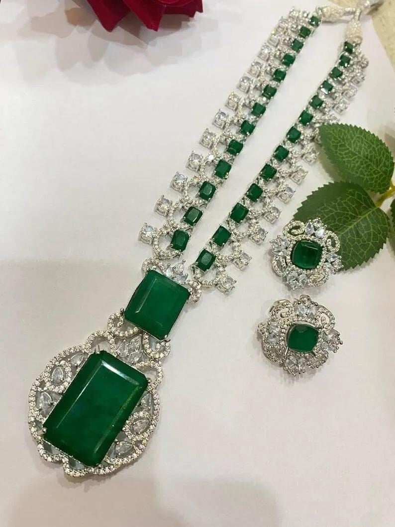 Nita Emerald Green & Silver Necklace set w studs, Premium Quality Cubic Zirconia