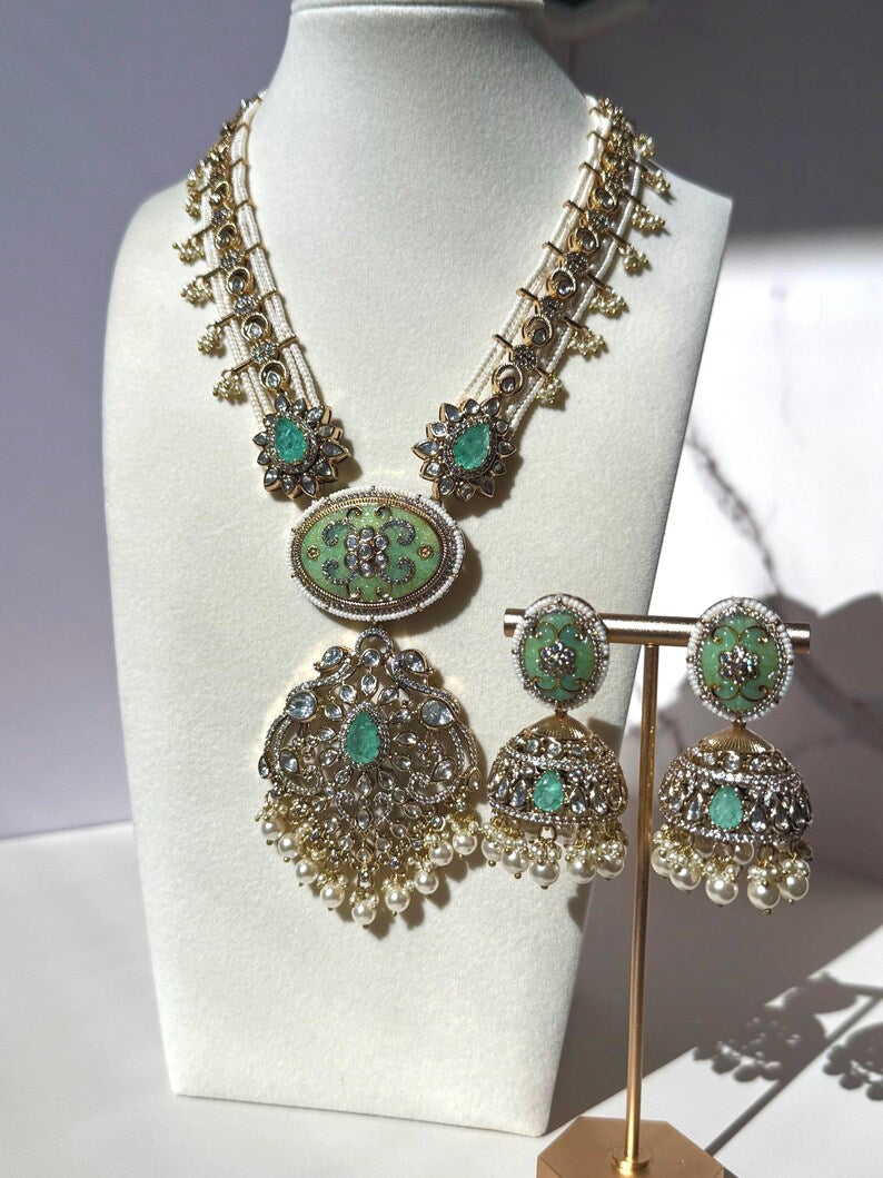 22k Gold Plated Maala Set w Premium Quality Moissanite Stones & Enamel Work