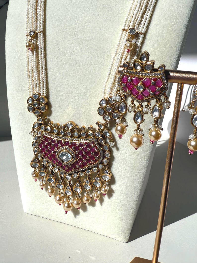 22k Gold Plated Maala Set w Premium Moissanite Stones & Ivory Pearl Beads